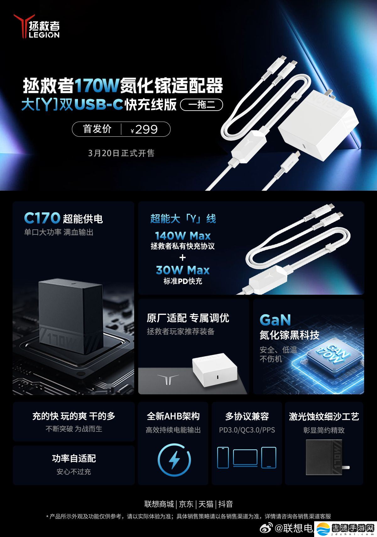 联想拯救者 170W 氮化镓充电器开售：USB-C 一拖二，首发价 299 元