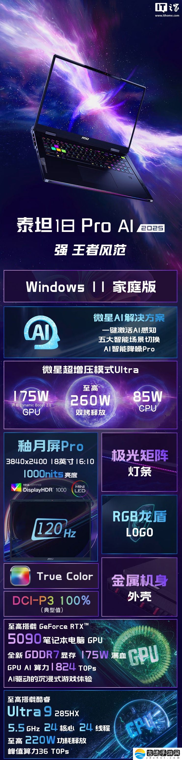 微星泰坦 18 Pro 笔记本新增“Ultra 9-285HX + 64G + 4T + RTX5090”版，36999 元