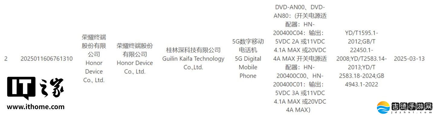 荣耀神秘新机获工信部认证：支持 80W 有线充电 + 北斗三号短报文功能、有望为 X70 Pro 手机