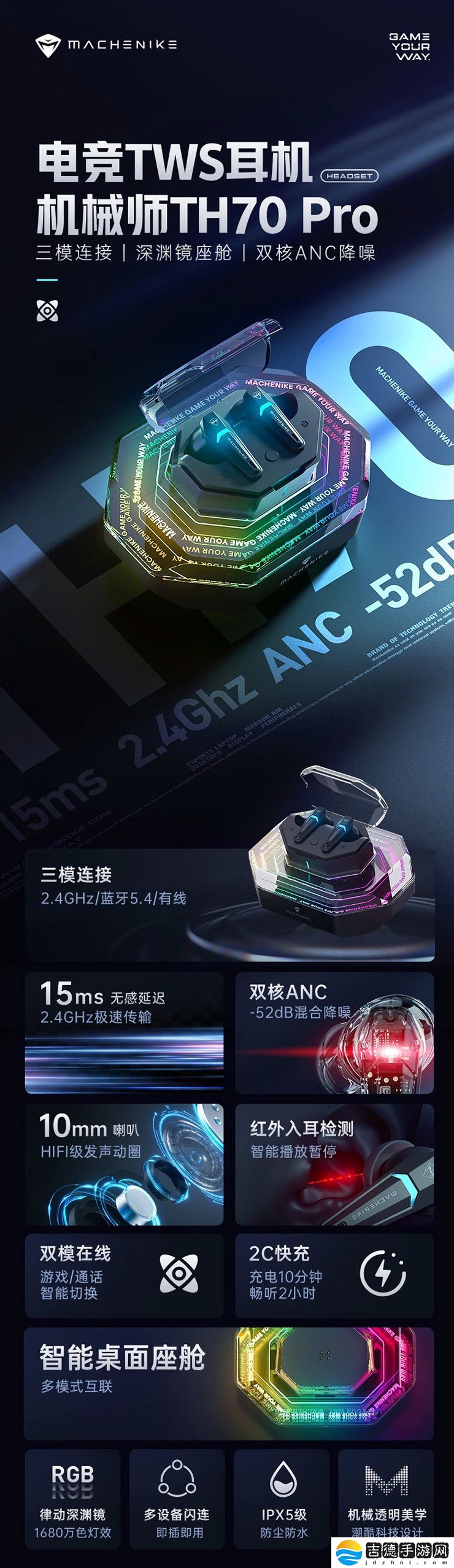 机械师推出 TH70 Pro 入耳式 ANC 降噪蓝牙耳机：三模连接、充电盒 RGB 光效，399 元