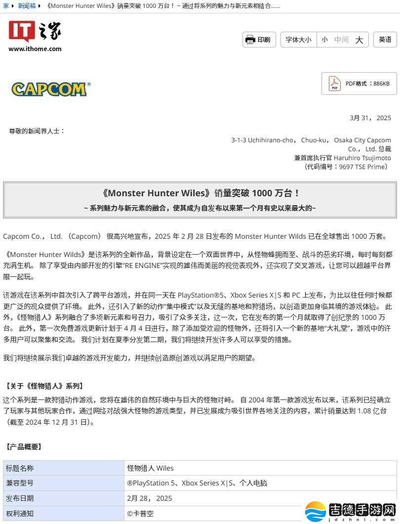 《怪物猎人：荒野》首月销量惊人，卡普空新纪录诞生！