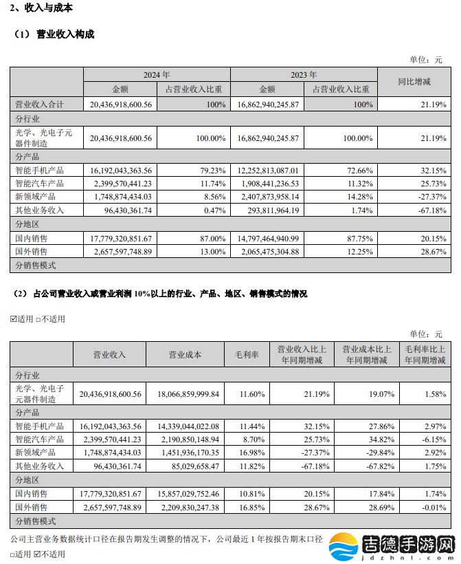 欧菲光 2024 年营收 204.37 亿元同比增长 21.19%，净利润同比下降 24.09%